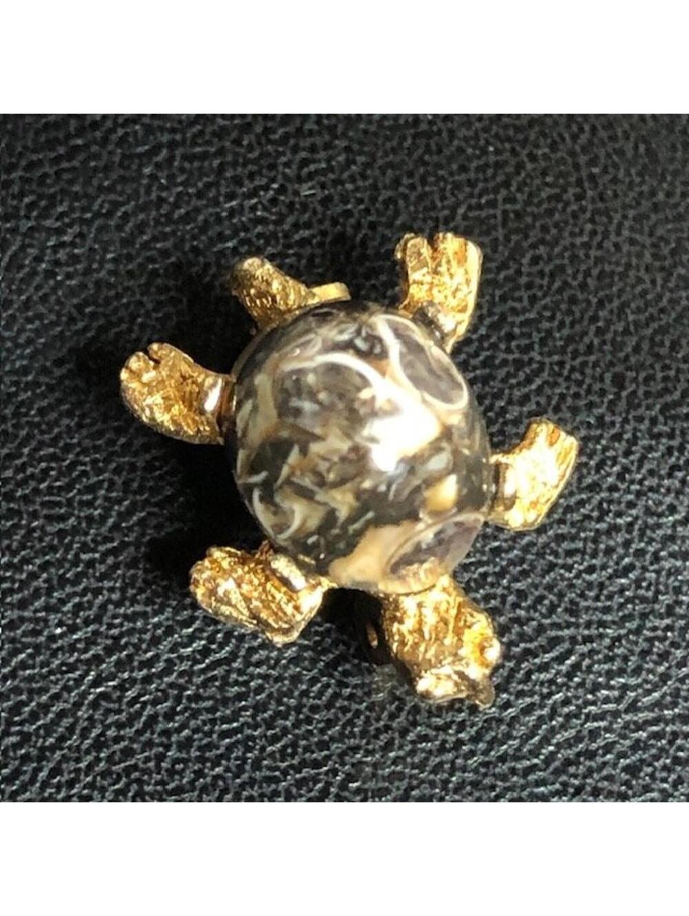 B1232 Vintage Miniature Turtle Pin Brooch Gold Tone Marbled Stone Animal